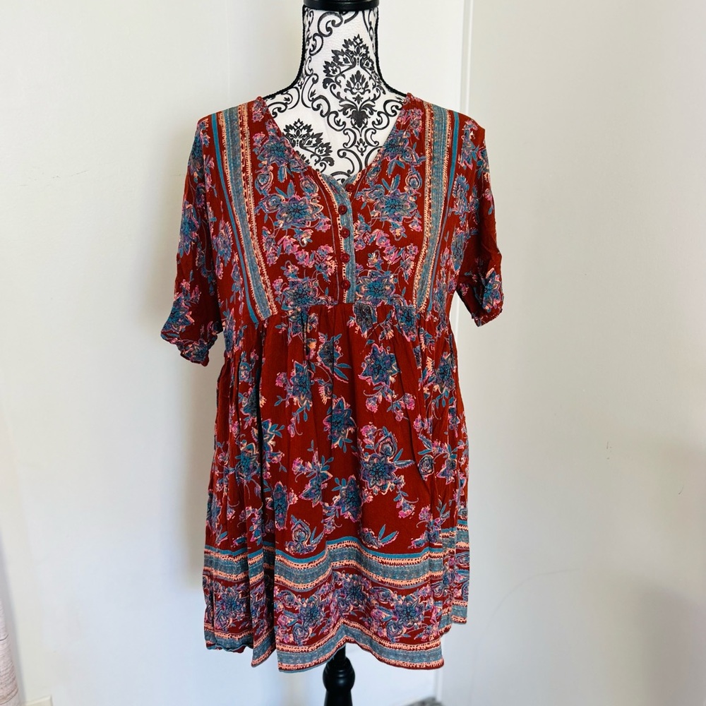 Angie Women’s Brown Blue Floral Short Sleeve Boho Peasant Mini Dress